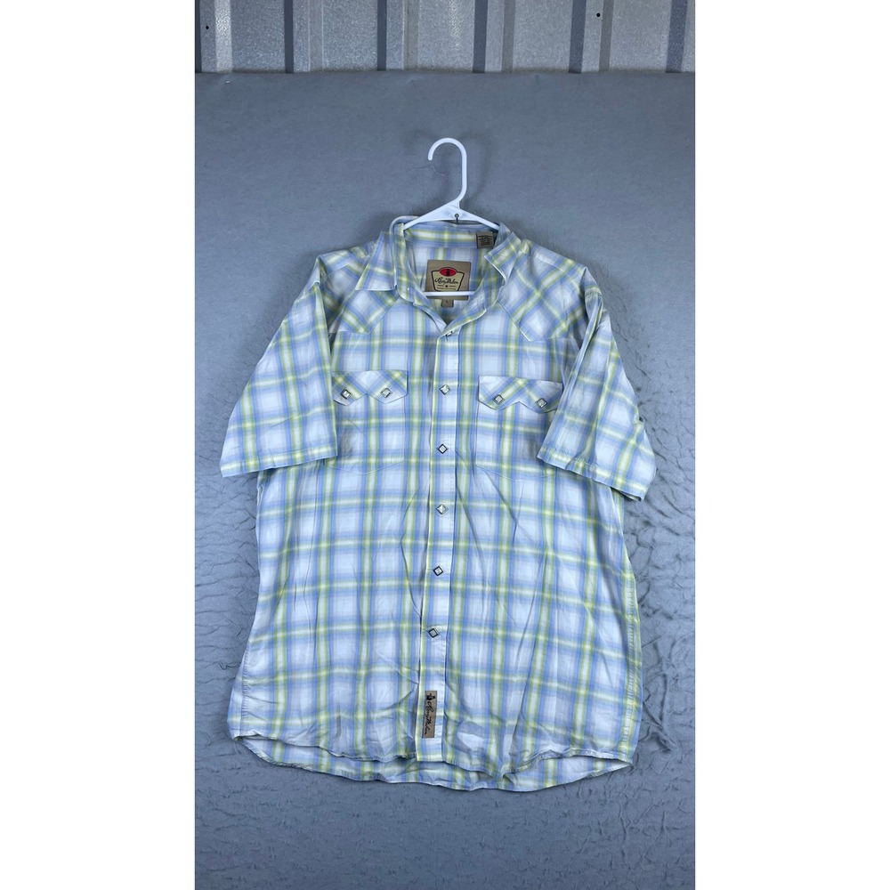 Larry Mahan Western Shirt Mens L Blue Plaid Excellent Pearl Snap Short Sleeve